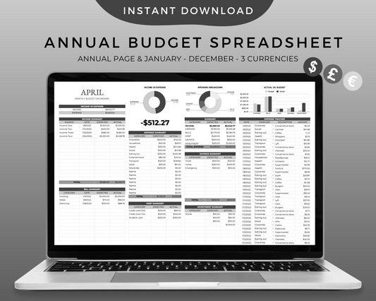 Annual Budget Spreadsheet - Greyscale