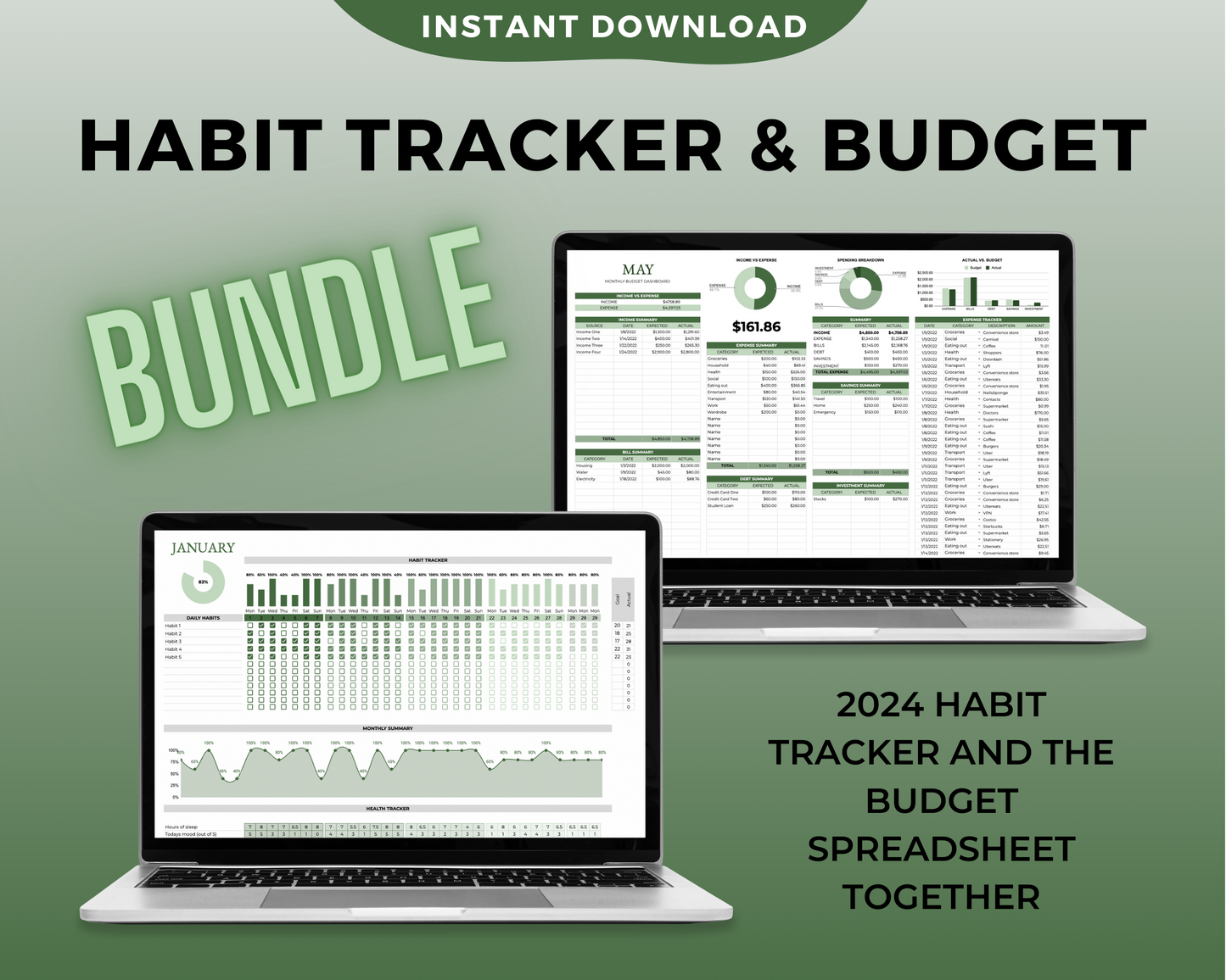 2024 Habit Tracker & Budget Spreadsheet Bundle Forest