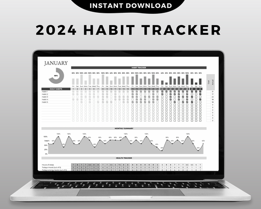2024 Habit Tracker Google Sheets Spreadsheet Greyscale