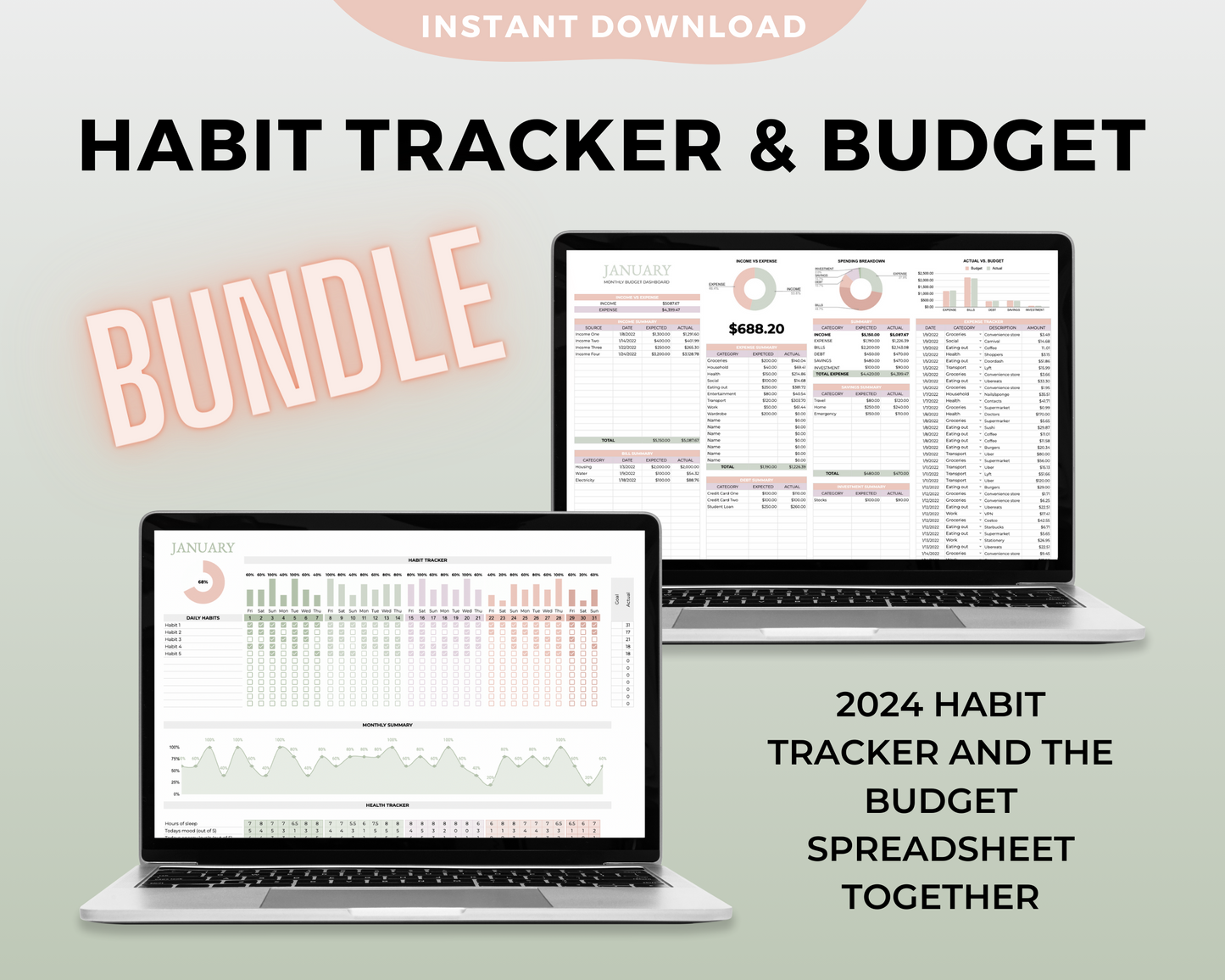 2024 Habit Tracker & Budget Spreadsheet Bundle