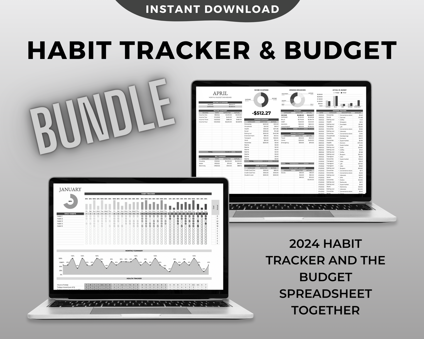 2024 Habit Tracker & Budget Spreadsheet Bundle Greyscale